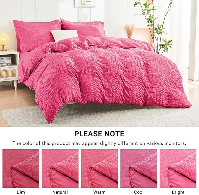 HYMOKEGE Hot Pink King Size Comforter Set Seersucker 7 Pieces, All Season Luxury Bed in a Bag for Bedroom, Bedding Set with Comforter, Sheets, Pillowcases & Shams
