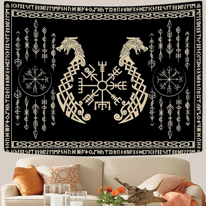 OSUNBD Nordic Vikings Tapestry, Large 10090 inches Soft Flannel, Vegvsir Symbol Twins Dragons Celtic Rune Scandinavian Aesthetic Mythology Tapestry Wall Hanging for Bedroom Living Room Decor