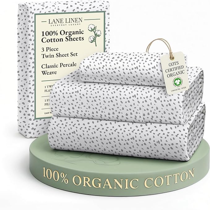 LANE LINEN 100% Organic Cotton Twin Bed Sheets, Mercerized Cotton Fully Elasticized Reinforsed Seam in Fitted Sheets Pocket Low Pill Fade Resistant Printed Sheets Twin Size Bed- Haze Grey