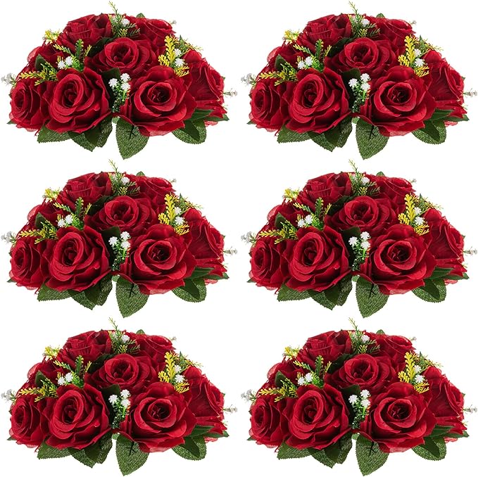 NUPTIO Flower Wedding Centrepieces for Tables - 6 Pcs 9.5in Diameter Crimson Artificial Flowers Rose Ball for Centerpieces Table - Fake Rose Arrangements for Weddings Birthday Party Decor