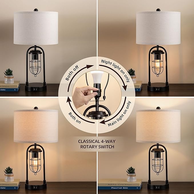 KAWOTI Set of 2 Farmhouse Table Lamps with USB Ports and Night Light Modern Nightstand Lamp for Living Room Bedroom（Bulbs Included）