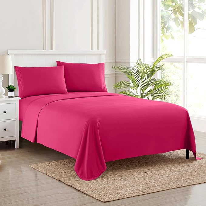 Sweet Home Collection Twin XL Size Sheet Set with Built-in Sheet Straps - Deep Pocket Fitted Sheet, Flat Sheet & Pillowcases - Soft, Wrinkle-Free, Secure Fit - Fuschia