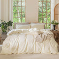 MooMee Bedding Duvet Cover Set 100% Washed Cotton Linen Like Textured Breathable Durable Soft Comfy (Solid Cream White, Full 80"x90")