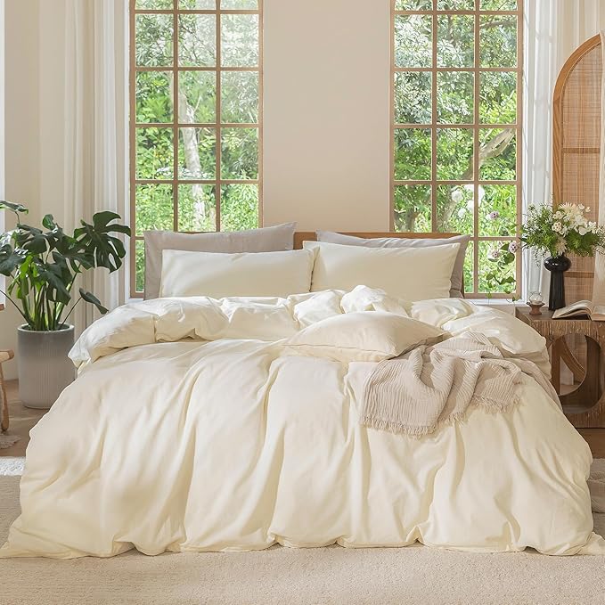MooMee Bedding Duvet Cover Set 100% Washed Cotton Linen Like Textured Breathable Durable Soft Comfy (Solid Cream White, Alaska King 132"x120")