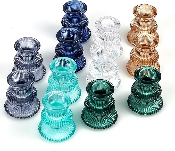 WDHODEC Christmas Taper Candle Holders 12PCS Glass Candlestick Holders for Table Centerpiece Colorful Candle Sticks for Wedding, Party and Winter Decoration(Blue&Green)