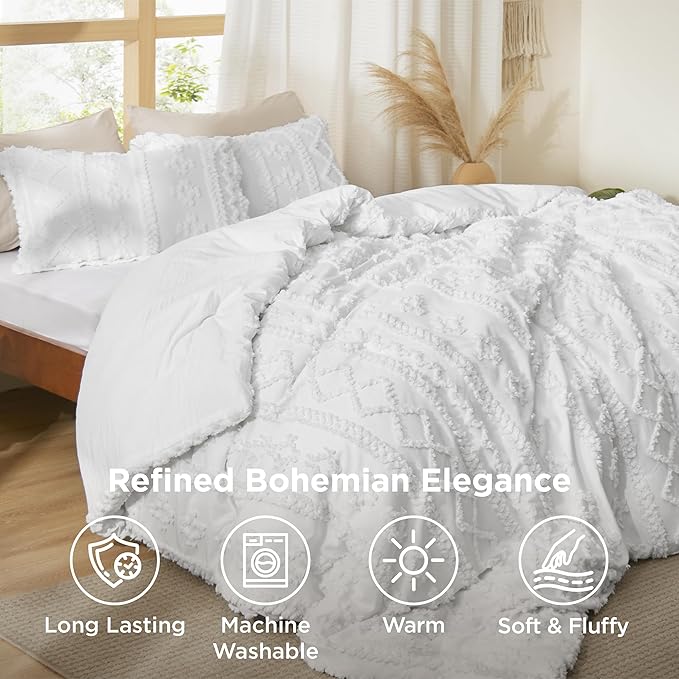 Bedsure Tufted Boho Comforter Set California King - Bright White Boho Bed Set, GentleSoft™ 3 Pieces Farmhouse Shabby Chic Embroidery Bedding, Gifts for Woman, Soft Jacquard Comforter for All Seasons