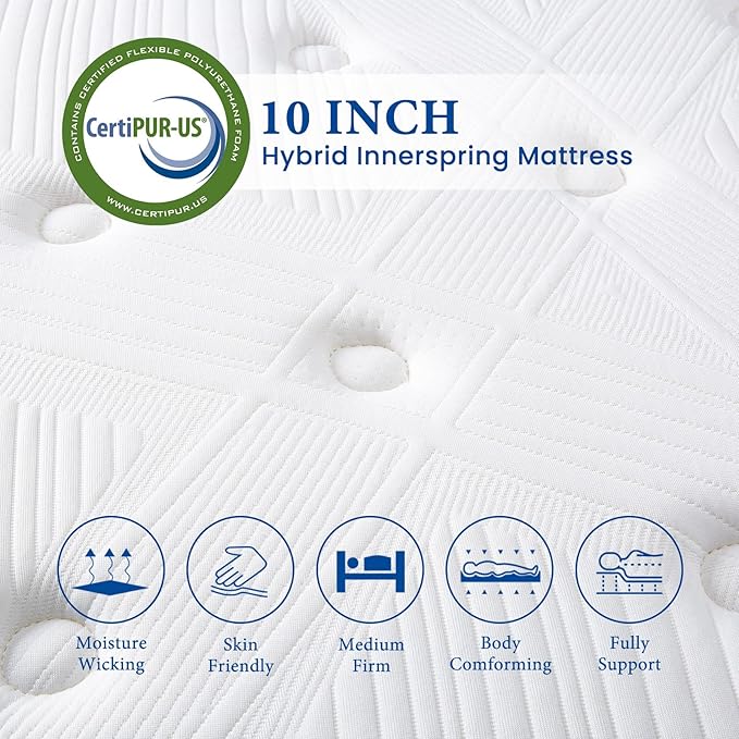 Coolvie Twin XL Mattress 10 Inch Twin XL Hybrid Mattress, Low Motion Transfer & Breathable Bed Mttresses in A Box, Built in Pocketed Coils and Gel Memory Foam Layer, Avaliable in Adjustable Bed
