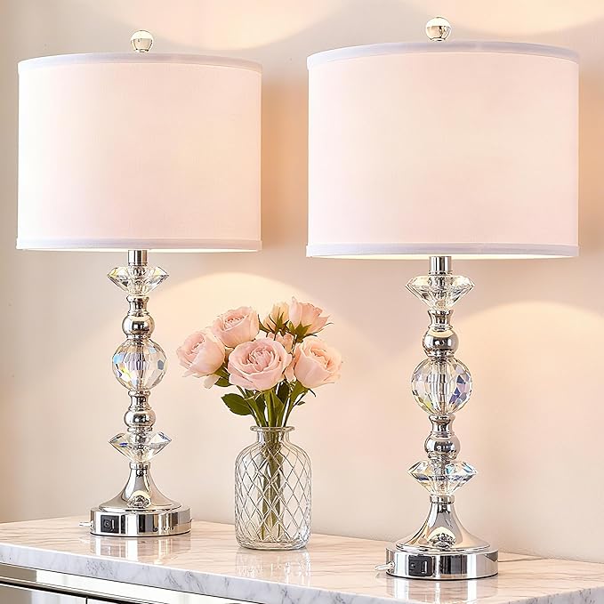 25.5" Crystal Table Lamps Set of 2 for Living Room, Modern Bedside Nightstand Lamps with USB A+C Charging Ports with White Shade, 3 Way Dimmable Nickel Bedroom Lamp for End Table