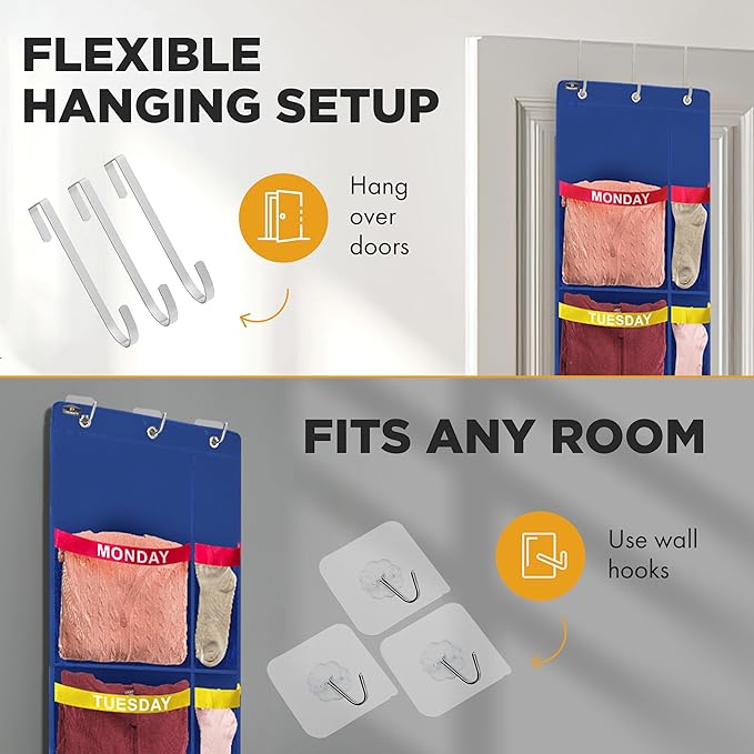 Over the Door Weekly Clothes Organizer - 5 Shelf Hanging Closet Storage with Day of the Week Labels - Weekly Clothes Organizer For Kids - Space-Saving Over Door or Wall Hanging Organizer (Blue)