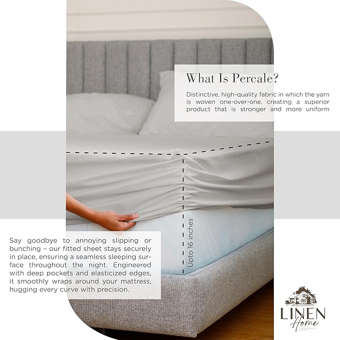 Linen Home 100% Cotton Percale Sheets King Size, Silver, Deep Pocket, 4 Pieces Set - 1 Flat, 1 Deep Pocket Fitted Sheet and 2 Pillowcases, Crisp Cool and Strong Bed Linen