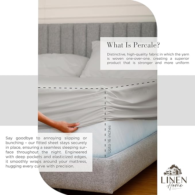 Linen Home 100% Cotton Percale Sheet Set Pack of 2, King Size, Silver, Deep Pocket, 8 Pieces Set - 2 Flat, 2 Deep Pocket Fitted Sheet and 4 Pillowcases, Crisp Cool and Strong Bed Linen