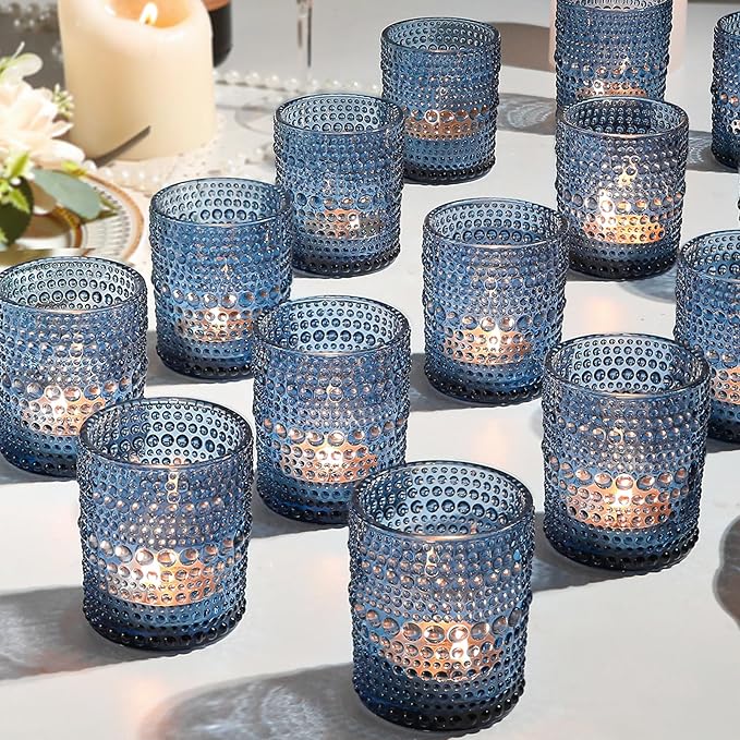 12 Pack Blue Votive Candles Holders - 2x2.5in Vintage Glass Votives Tealight Candle Holders for Table Centerpieces, Tea Light Candle Holder Decor for Wedding Bridal Shower Party