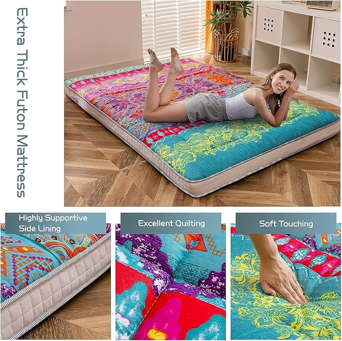 MAXYOYO Twin Futon Floor Mattress Shikibuton Sleeping Mats for Adults, Floor Futon with High-Density Foam, Portable Mattress for Living Room, Guest Room, Bohemian B