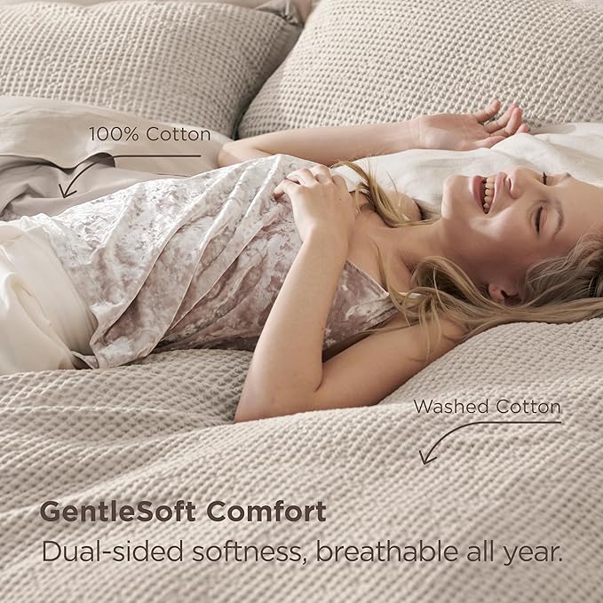 Bedsure 100% Cotton Duvet Cover Queen Size with Fitted Sheet - 4 Pieces Linen Color Waffle Weave Bedding Set, GentleSoft™ and Breathable, Includes 1 Duvet Cover 90x90, 1 Fitted Sheet, 2 Pillow Shams