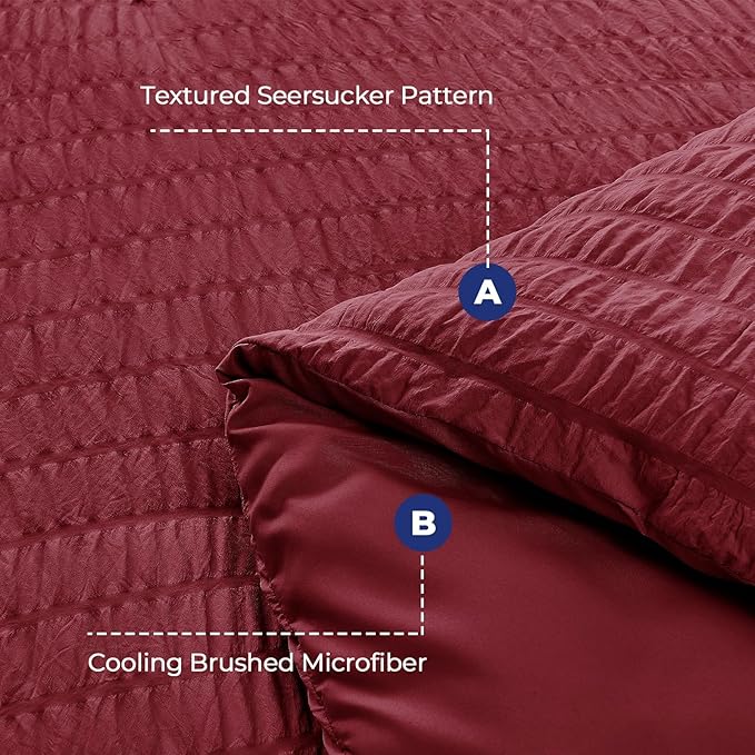 HYMOKEGE Burgundy Full Size Comforter Sets Seersucker 7 Pieces, All Season Luxury Bed in a Bag for Bedroom, Bedding Set with Comforters, Sheets, Pillowcases & Shams