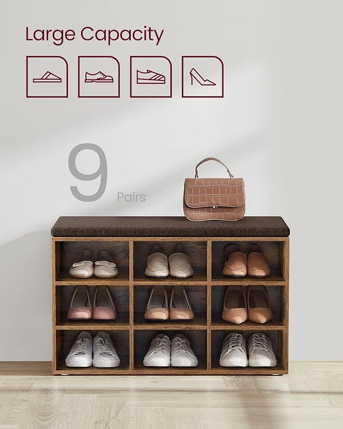 VASAGLE CUSTOS Collection - Shoe Bench, Storage Bench with Padded Seat, Entryway Bench with 9 Compartments, for Bedroom, 11.9 x 30.9 x 18.9 Inches, Rustic Brown and Chestnut Brown ULHS009B01