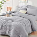 HYMOKEGE Light Grey California King Comforter Set Seersucker 7 Pieces, All Season Luxury Bed in a Bag for Bedroom, Bedding Set with Comforters, Sheets, Pillowcases & Shams