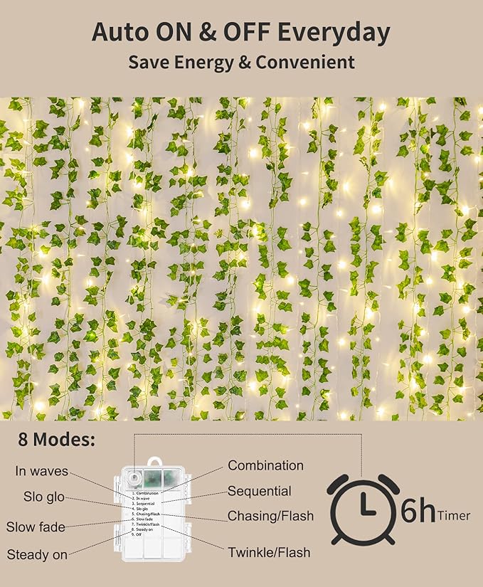KASZOO 84Ft 12 Pack Artificial Ivy Garland Fake Plants, Vine Hanging Garland with CE Certified 80 LED String Light, Hanging for Home Bedroom Garden Party Wedding Wall Room Decor, Green
