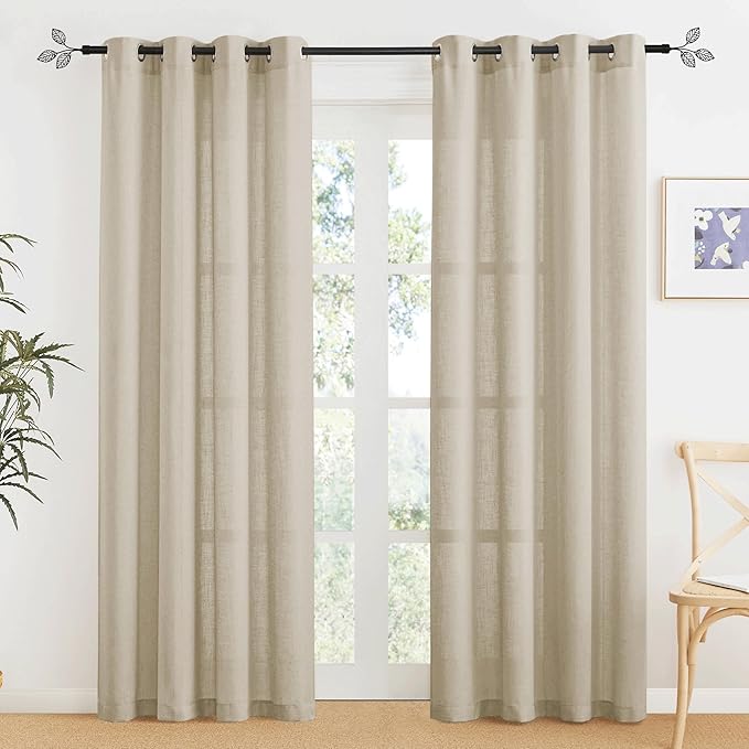 RYB HOME Beige Semi Sheer Curtains 90 inches Long, Grommet Easy Sliding Light Filtering Half Privacy Window Curtains & Drapes for Bedroom Living Room Farmhouse, W 52 x L 90 inches, 2 Pcs