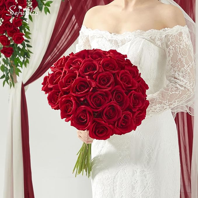 Serwalin 60 PCS Red Artificial Roses in Bulk, 3.15'' Flower Head Fake Silk Roses Realistic Roses for Bridal Bouquet Wedding Centerpieces Flower Arrangement Party Home Decor