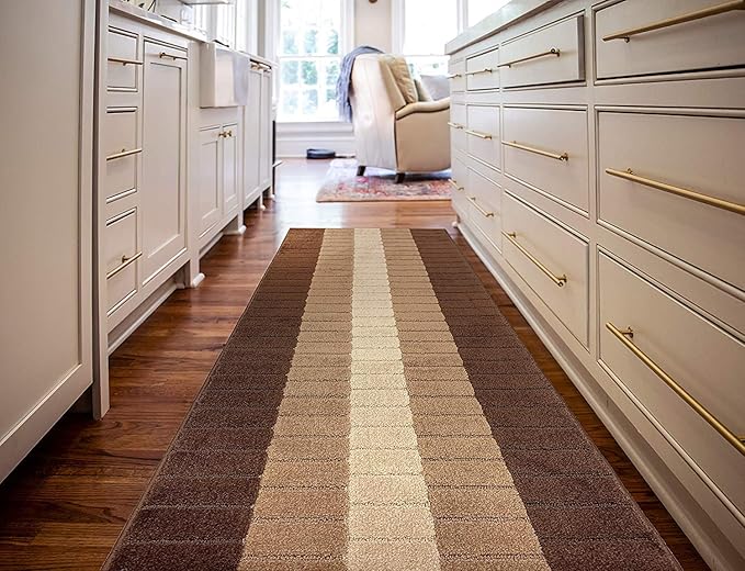 Custom Size Modern Geometric Pattern Carpet Runner Rug for Hallways, Slip Resistant Latex Rubber Backed, 31 inch Wide X Customized Length, Squares Brown, 31 inch X 23 feet