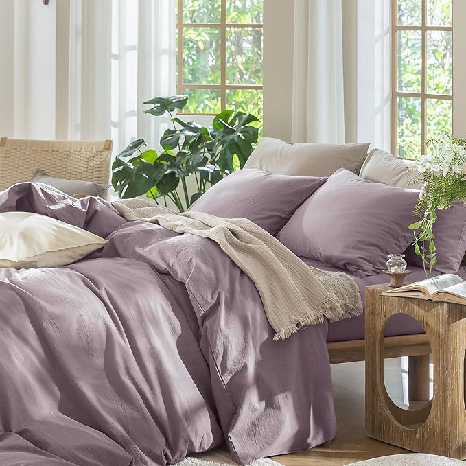 MooMee Bedding Duvet Cover Set 100% Washed Cotton Linen Like Textured Breathable Durable Soft Comfy (Solid Taro Purple, Full 80"x90")
