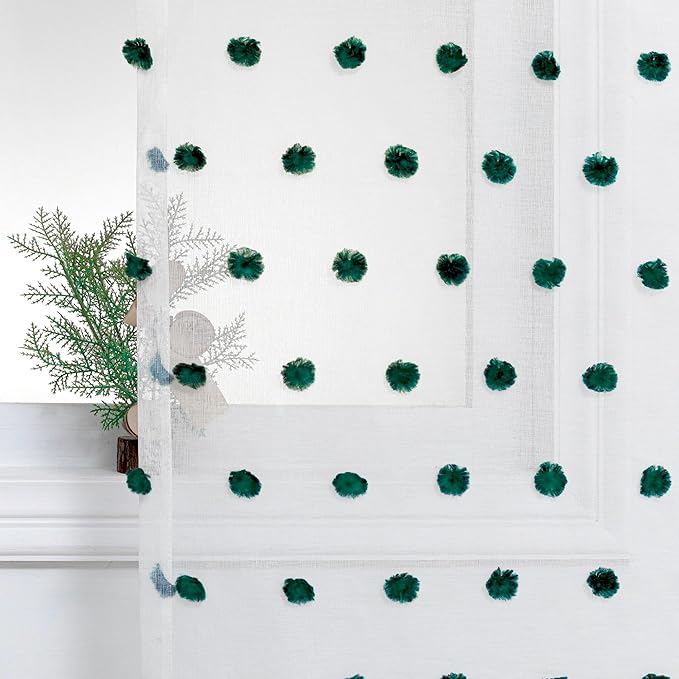 MYSKY HOME 84 Inch Long Christmas Curtains for Living Room Hunter Green Pom Pom Curtains for Bedroom White Sheer Nursery Curtains for Kids Room Rod Pocket Privacy Windows Drapes 52" x 84" 2 Panels