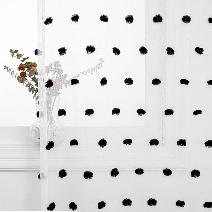 MYSKY HOME Short Pom Pom Sheer Curtains for Bedroom, Kitchen, Bathroom, Nursery, Boys Kids Room - Black, 52" x 54", Rod Pocket, 2 Panels, Halloween Small Window Curtains