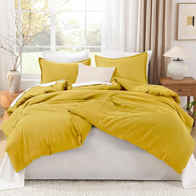 Litanika Mustard Yellow Comforter Set Full Size, 3 Pieces Lightweight Solid Bedding Comforter Set, All Season Fluffy Bed Set (79x90In Comforter & 2 Pillowcases)