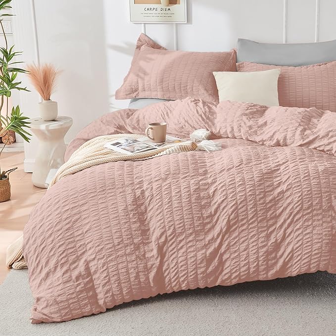HYMOKEGE Rose Gold/Light Grey Full Size Comforter Sets Seersucker 7 Pieces, All Season Luxury Bed in a Bag for Bedroom, Bedding Set with Comforter, Sheets, Pillowcases & Shams