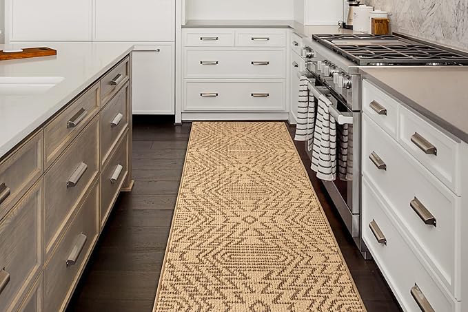 Custom Length Cut to Size Tribal Ethnic Southwestern Inspired Hallway Runner Rug, Non Slip Rubber Backed, 31 inch Wide X Customized Length, Inca Tan, 31 inch X 6 feet
