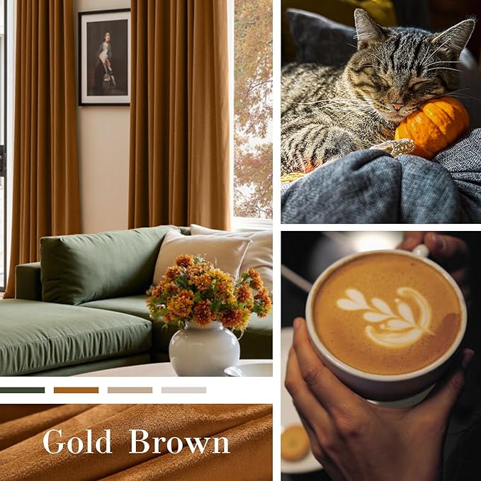 Lazzzy Velvet Blackout Curtains Thermal Insulated Room Window Drapes Super Soft Luxury Curtains for Living Room Bedroom Rod Pocket 2 Panels, Gold Brown, 52" W x 96" L