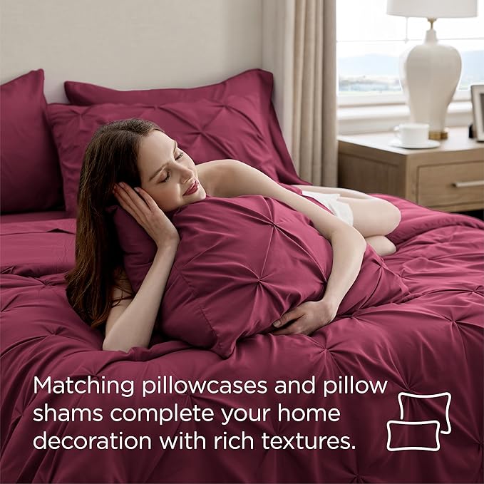 Bedsure Full Size Comforter Sets - Bedding Sets Full 7 Pieces, Pintuck Bed in a Bag Burgundy Bed Set with Comforter, Sheets, Pillowcases & Shams