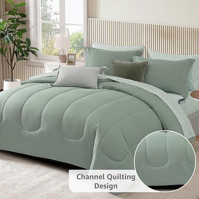 Monbix Queen Comforter Set - 7 Pieces Sage Green Bed in a Bag Queen Track Stitching Bedding Sets, All Seasons Down Alternative Comforter Bed Set with Sheets,Pillowcases & Shams