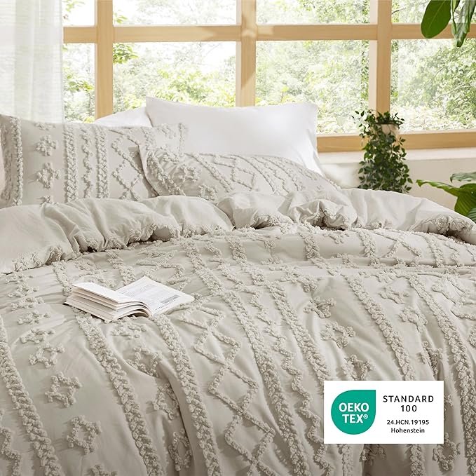 Bedsure Tufted Boho Comforter Set Oversized King - Linen Boho Bed Set, GentleSoft™ 3 Pieces Farmhouse Shabby Chic Embroidery Bedding, Gifts for Woman, Soft Jacquard Comforter for All Seasons