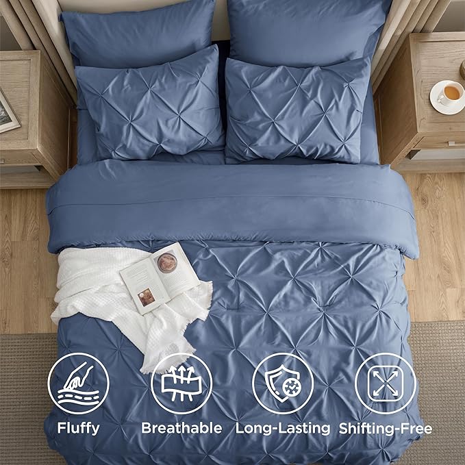 Bedsure Queen Comforter Set Slate Blue - Bed in a Bag Queen Size Bedding 7 Pieces, GentleSoft™ Pintuck Bed Set Gift for Family, Pinch Pleat All Season Comforter with Sheets, Pillowcases & Shams