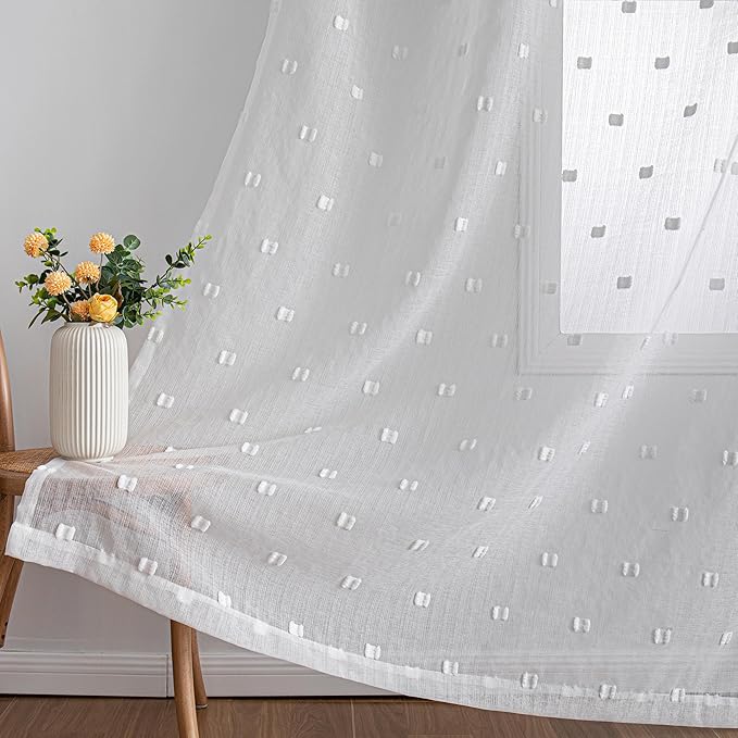 MYSKY HOME White Curtains for Bedroom 63 Inch Length Long Sheer Curtains for Kids Room Nursery Curtains with White Patched Design Rod Pocket Privacy Window Drapes Dining Room 52" x 63" 2 Panels