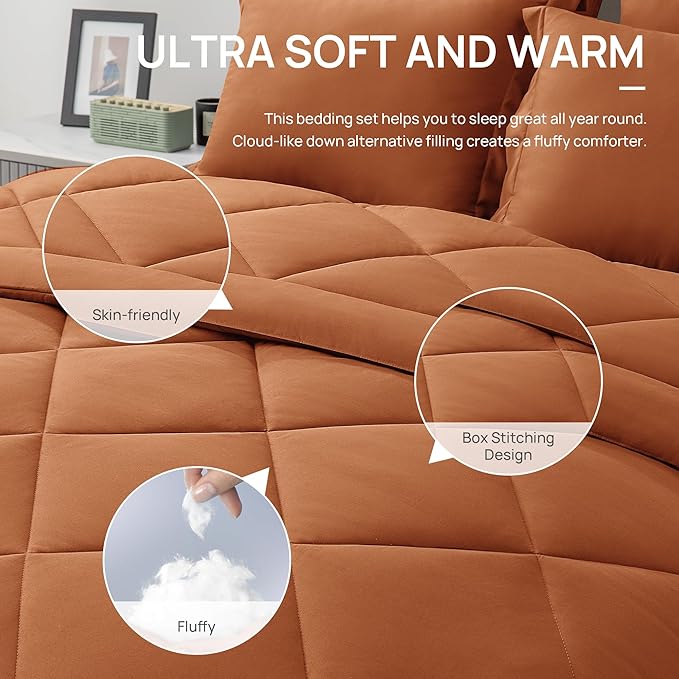 Love's cabin Full Comforter Set Terracotta, 7 Pieces Full Bed in a Bag, All Season Bedding Sets with 1 Comforter, 1 Flat Sheet, 1 Fitted Sheet, 2 Pillowcase and 2 Pillow Sham