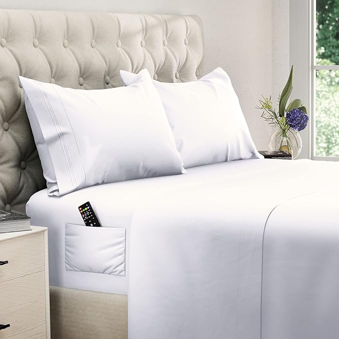 DREAMCARE King Size Sheets Set - Cooling Bed Sheets - 4pcs Set - up to 15" Deep Pocket King Sheet Set – Soft & Long Lasting Cooling - 100% Fine Brushed Polyester with Side Pocket - White