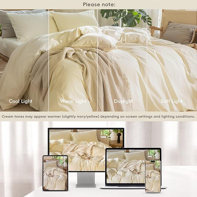 MooMee Bedding Duvet Cover Set 100% Washed Cotton Linen Like Textured Breathable Durable Soft Comfy (Solid Cream White, Oversized King Plus 128"x120")