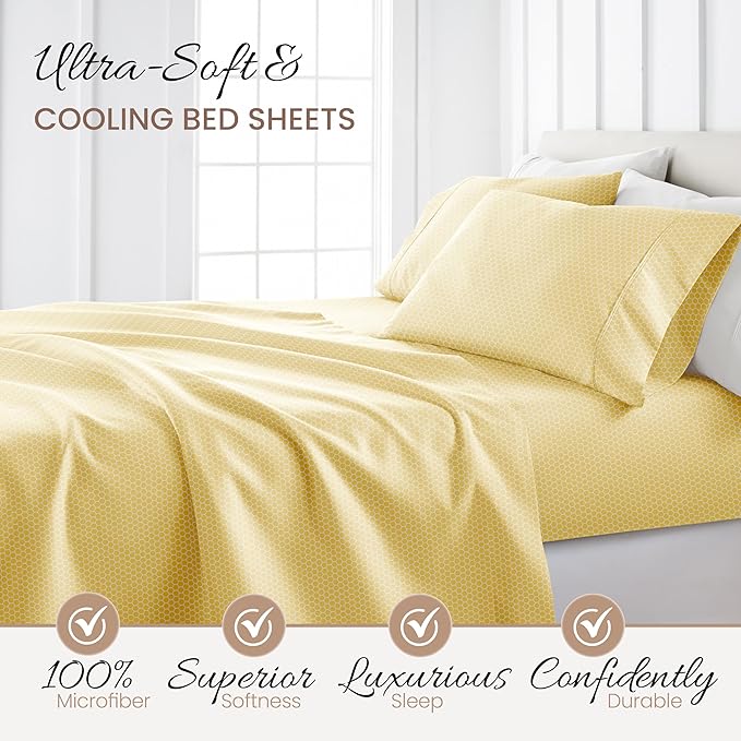 Linen Market Double-Brushed Patterned Microfiber Queen Sheet Set 4 Piece – Oeko-TEX Certified Ultra Soft & Wrinkle-Free - 16" Deep Pocket Sheets - Easy Care Queen Size - Honeycomb Yellow