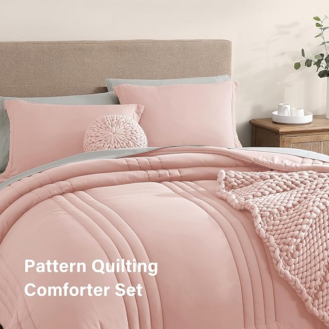 Monbix Full Comforter Set - 7 Pieces Light Pink Bed in a Bag Full Size Bedding Sets with Comforters, All Seasons Down Alternative Comforter with Sheets,Pillowcases & Shams