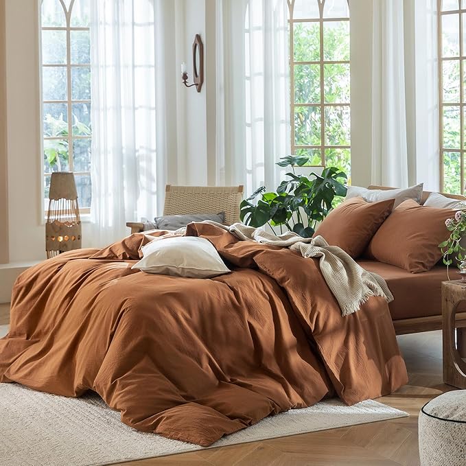 MooMee Bedding Duvet Cover Set 100% Washed Cotton Linen Like Textured Breathable Durable Soft Comfy (Solid Dark Orange, Oversized King Plus 128"x120")