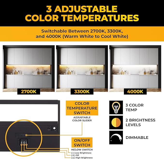 LED Under Cabinet Lighting Hardwired - 3CCT 9 Inch Black Finish - Undercabinet Lights for Kitchen - Linkable Undercounter Dimmable Plug in Light or Hard Wired - Under Counter Fixture Direct Wire