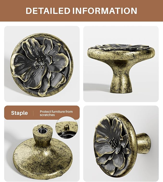 Flower Cabinet Pulls Handle Knob Drawer for Kitchen Dresser Wardrobe Bathroom and Cupboard One Hole Hardware Knobs for Girl Easy Installation Pack of 4 Retro Brass