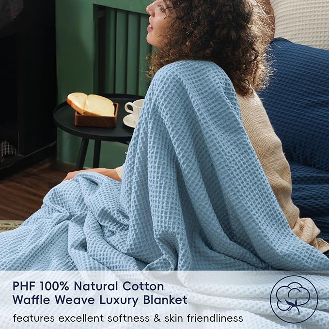 PHF Pre-Washed Cotton Waffle Weave Blanket Throw Size for Couch Bed,Snag Proof for Spring Summer Lightweight Breathable,Oeko-TEX Certified,Machine Washable, Home Decor Gift，Dusty Blue