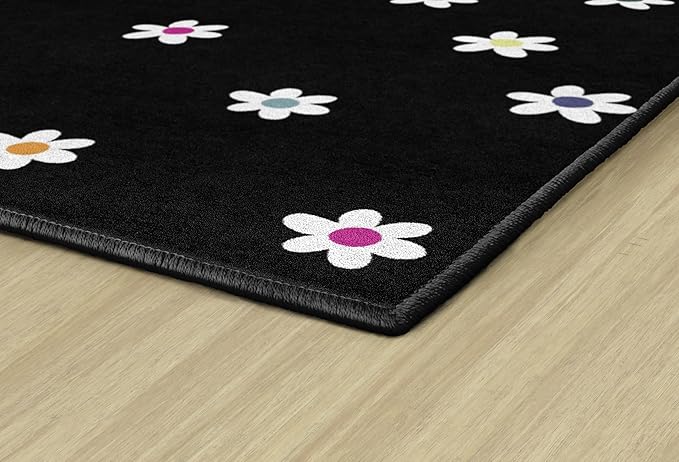 Flagship Carpets Schoolgirl Style Small Daisies on Black Educational Area Rug for Kids Room Seating Décor, Children's Classroom, Play Carpet for Teaching and Playroom, 7'6 "x 12'