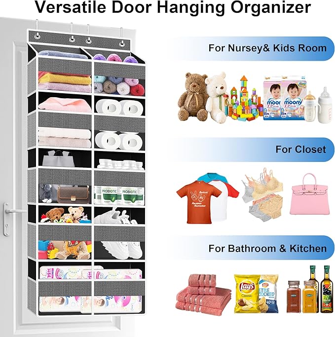 Over The Door Organizer Multi Pocket,5 Tier Large Hanging Shelf for Storage Kids Toys, Diapers, Clothes,Yarn,Heavy Duty Behind Door Storage for Bedroom Bathoom Nursery Closet Pantry,Gray