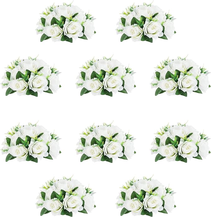 10Pcs Artificial Flower Ball Arrangement, 9.5" 15 Heads Wedding Roses Bouquet with Base Suitable for Parties Valentine's Day Wedding Centerpieces Flower Rack and Home Decor (White)