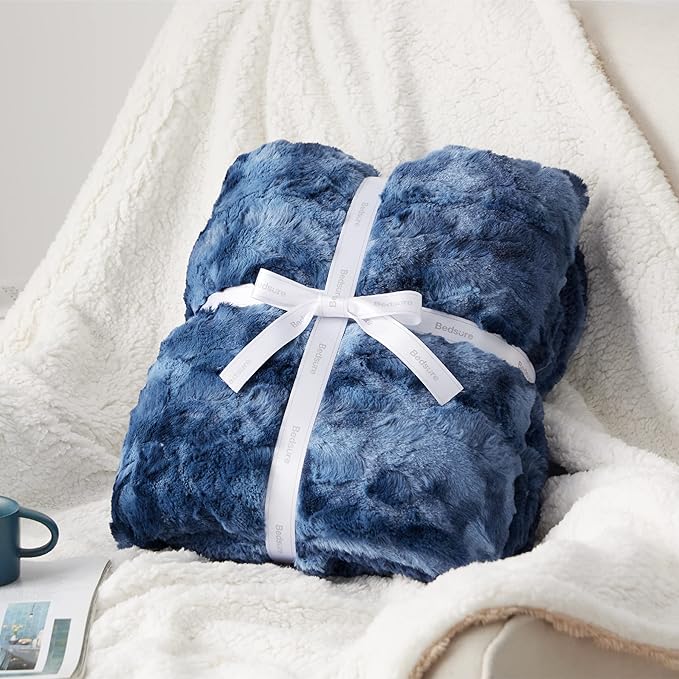 Bedsure GentleSoft Sherpa Fluffy Blanket Twin Size - Fleece Warm and Cozy Throw for Women Gift, Plush & Fuzzy Faux Fur Christmas Blanket for Couch, Bed Decor, Tie Dye Design, Indigo, 60x80 Inches